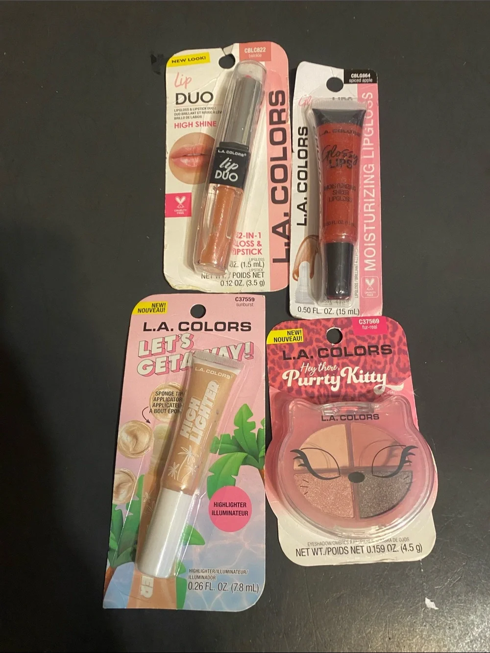 L.A. Colors Pink & Peach Eyeshadow Quad with Pink Lip Gloss and Highlight Duo